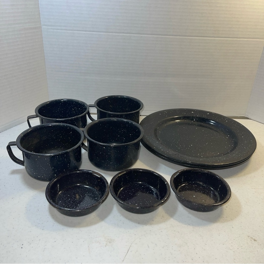 Vintage Black White Speckled Enamelware Dish Set